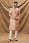Buy_Arihant Rai Sinha_Peach , Chanderi Embroidery Botanic Print Kurta And Churidar Set _at_Aza_Fashions