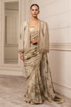 Buy_Tarun Tahiliani_Gold Silk Velvet Printed Floral Pattern Front Open Cape _at_Aza_Fashions