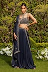 Buy_Bohame_Blue Satin Chiffon Hand Embroidered Beads V Neck Aida Border Lehenga Set _at_Aza_Fashions