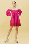 Buy_Samyukta Singhania_Pink Cotton Pintuck Sweetheart Neck Flared Off Shoulder Dress _at_Aza_Fashions