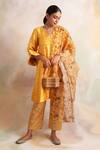 Buy_Palak & Mehak_Yellow Chanderi, Banarasi, Dupion Silk Stripe V Neck Pattern Kurta Set _at_Aza_Fashions
