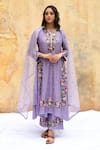 Buy_Label Niti Bothra_Purple Pure And Handwoven Banarasi Silk Embroidery Flower Vine Notched Kurta Set_at_Aza_Fashions