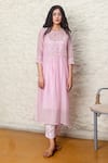 Buy_TATWA_Pink Kurta  Handloom Chanderi Hand Embroidered Yoke And Pant Set  _at_Aza_Fashions