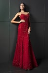 Buy_Rohit Gandhi + Rahul Khanna_Red Tulle, Linen Crystals Scoop Neck Starry Glitch Embroidered Gown _at_Aza_Fashions