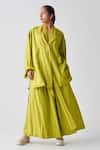 Buy_Three_Green Tencel Collared Wide Sleeve Jacket And Pant Set _at_Aza_Fashions
