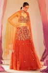 Buy_Silky Bindra_Orange Net Embroidery Floral Sweetheart Neck Flower Vine Lehenga Set _at_Aza_Fashions