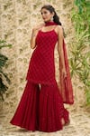 Buy_Aariyana Couture_Red Kurta And Sharara- Viscose Georgette Embroidered Sequin Scoop Checkered Set _at_Aza_Fashions