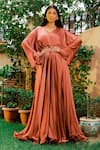 Buy_OMANA BY RANJANA BOTHRA_Peach Satin Sequin V Neck Rust Flared Gown _at_Aza_Fashions