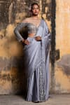 Buy_Nitika Gujral_Grey Saree Armani Satin Embroidered Sequin Draped With Bead And Work Blouse _at_Aza_Fashions