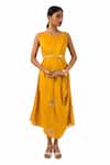Buy_Meghna Shah_Yellow Denim, Silk Beads, Stones Embroidered And Draped Cowl Dress With Belt _at_Aza_Fashions