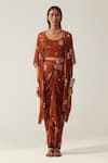 Buy_AMKA_Brown Crepe Print Bandhani Round Neck Desert Rose Cape Skirt Set _at_Aza_Fashions