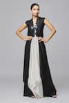 Buy_Amit Aggarwal_Black Chiffon Embroidered Striped V Neck Colorblock Draped Dress _at_Aza_Fashions