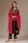 Anantaa by Roohi_Wine Velvet Embroidered Floral Notched Kurta _Online_at_Aza_Fashions