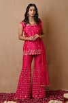 Buy_Label Nitisha_Pink Raw Silk Hand Embroidered Dabka Round Neck Kurta Gharara Set _at_Aza_Fashions