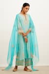 Buy_Devnaagri_Blue Chanderi And Organza Dori, Sequins Notched Embroidered Kurta Set _at_Aza_Fashions