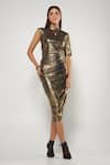 Buy_Cham Cham_Gold Stretch Knit Foil Plain Boat Neck Metallic Asymmetric Sleeve Dress _at_Aza_Fashions