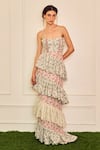 Buy_TheRealB_Multi Color 100% Cotton Printed Wild Lily Sweetheart Neck Ruffle Gown _at_Aza_Fashions
