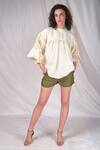 Buy_Seesa_Cream Linen Plain Floral Band Collar Top _at_Aza_Fashions