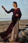 Buy_Monk & Mei_Wine Blouse Velvet Embroidered Sequin V Neck Pre- Draped Saree With_at_Aza_Fashions
