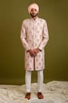 Buy_Chatenya Mittal_Pink Raw Silk Embroidery Floral Bouquet Sherwani Set _at_Aza_Fashions