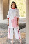 Buy_Pooja-Keyur_White Cotton Satin Embroidery Hibiscus High Neck Kurta With Pant  _at_Aza_Fashions