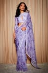 Buy_Dohr India_Purple Saree Organza Printed Botanical Pre-draped  _at_Aza_Fashions