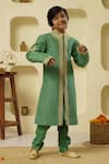 Buy_Rar studio - Kids_Green Chanderi Handloom 50% Silk X 50% Cotton Dori Sherwani Set  _at_Aza_Fashions