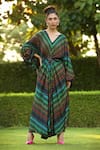 Buy_Shilpi Gupta_Multi Color Armani Satin Printed Stripe V Neck Maxi Dress  _at_Aza_Fashions