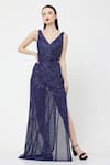 Buy_Ambrosia_Blue 100% Nylon Mesh Hand Embellished Sequins V Neck Side Slit Gown _at_Aza_Fashions