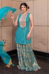 Buy_Soniya G_Blue Handmade Cotton Embroidery Sequins Round Yoke Kurta Sharara Set _at_Aza_Fashions