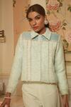 Buy_Label Deepika Nagpal_Blue Tweed, Lining Taffeta, Suede Pearl Work Checkered Embellished Crop Jacket_at_Aza_Fashions