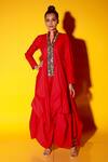 Buy_Echke_Red Cotton Blend Embellished Crystal Mandarin Collar Balloon Hem Dress _at_Aza_Fashions