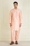 Buy_Priyanka Jain_Peach Pure Silk Plain Mandarin Collar Kurta Set _at_Aza_Fashions