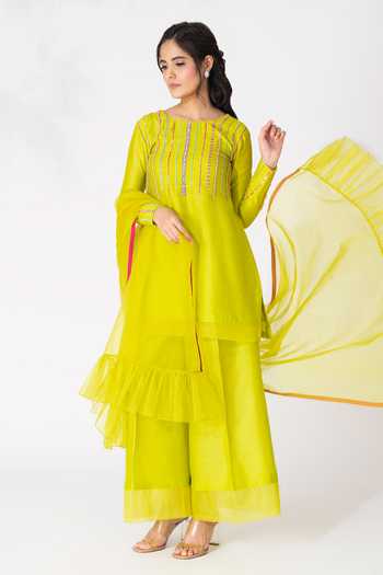 Buy_The Aarya_Yellow Handloom Cotton, Viscose, Organza Ruffles, Chanderi Lace Kurta Set _at_Aza_Fashions