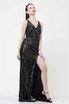 Buy_Ambrosia_Black 100% Nylon Mesh Hand Embroidered Sequins V Neck High Slit Gown _Online_at_Aza_Fashions