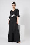Buy_Aakaar_Black Silk, Crepe Sequins V-neck Noir Pleated Jumpsuit _at_Aza_Fashions
