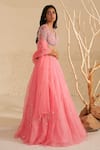 Buy_Zoon_Pink Lehenga And Dupatta Silk Organza Embroidery Sequin Leaf Placement Hand Set _at_Aza_Fashions