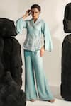 Buy_Jade By Ashima_Blue Crepe Hand Embroidery Cutdana Shawl Collar Kai Jacket With Pant _at_Aza_Fashions