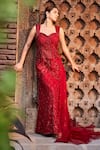 Buy_Mehak Murpana_Red Net Embroidery Geometric Sweetheart Neck Gown _at_Aza_Fashions