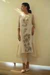 Buy_Oja_Cream Handloom Silk Embroidered Floral Applique Round Tunic And Pant Set _at_Aza_Fashions