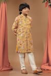 Buy_Kora By Nilesh Mitesh_Yellow Cotton Printed And Embroidered Floral & Thread Straight Kurta Set _at_Aza_Fashions