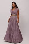 Buy_Onaya_Purple Organza Embroidery Stripe Pattern Cropped Jacket And Lehenga Set  _at_Aza_Fashions