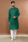 Buy_Aham-Vayam_Green Cotton Blend Embroidered Mughal Kurta Set _at_Aza_Fashions