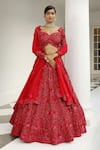 Buy_Miku Kumar_Red Silk, Satin Sequins, Embroidery Tonal Embellished Bridal Lehenga Set _at_Aza_Fashions