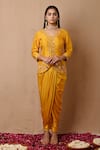 Buy_Label Nitisha_Yellow Satin Georgette Hand Embroidered Aari V Jacket And Draped Dhoti Pant Set _at_Aza_Fashions