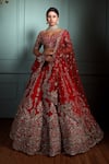 Buy_Pallavi Poddar_Red Silk, Tulle Embroidery, Applique, Zari Mohini Floral Bridal Lehenga Set _at_Aza_Fashions