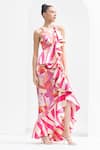 Buy_Mandira Wirk_Pink Satin Stripe And Leaf Round Ruffle Trim Gown_at_Aza_Fashions