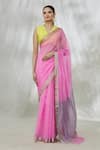 Buy_Mint N Oranges_Pink Handwoven Pure Chanderi Contrast Pallu Saree With Unstitched Blouse Fabric _at_Aza_Fashions