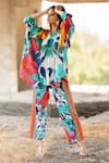 Buy_Pooja-Keyur_Multi Color Kaftan Satin Bomber Print Paradise Floral V Neck With Pant _at_Aza_Fashions