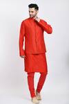 Buy_Samant Chauhan_Red Suede Embroidery Stitchline Geometric Bundi Set _at_Aza_Fashions